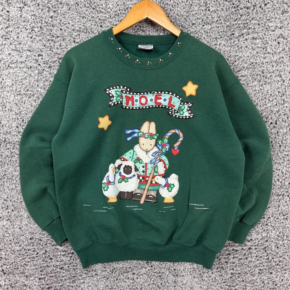 Vintage 90s Christmas Sweatshirt Adult Large Green Noel Bunny Ugly Sweater USA